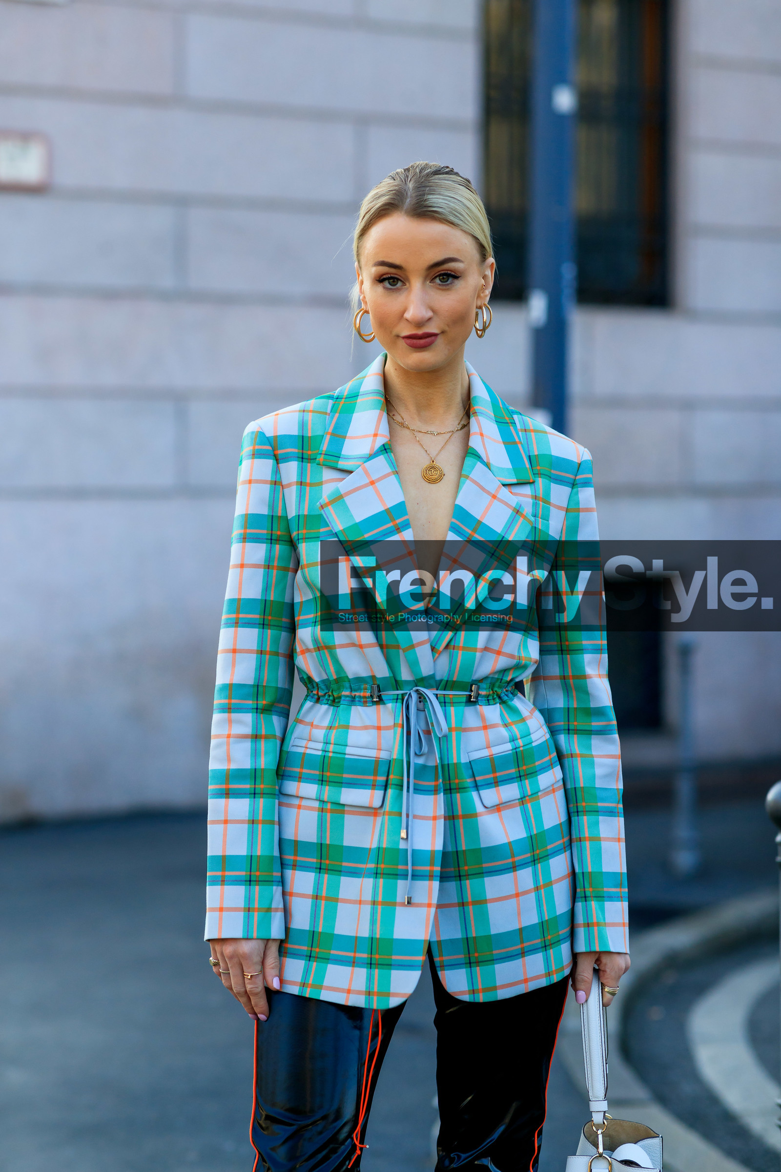 black pants, blazer, checked, earrings, graphic jacket, green jacket, leather pants, necklace, plaid, printed jacket, tartan, trousers, MILAN, MFW, fashion week, frenchystyle, FW, jonathan paciullo, street style, AUTUMN WINTER 2019-2020, AW 19-20, FALL WINTER 2019-2020, FW 19-20, vertical, atmosphere details, detail