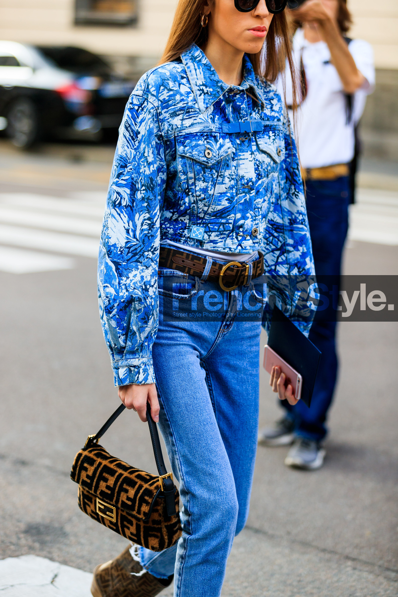 blue denim, brown bag, brown belt, denim jacket, denim pants, fendi, floral, flowers, graphic bag, graphic jacket, jeans, leather bag, leather belt, monogram, off white, printed bag, printed jacket, sunglasses, trousers, fashion week, frenchystyle, FW, jonathan paciullo, street style, MFW, MILAN, SPRING SUMMER 2019, SS 19, vertical, atmosphere details, detail