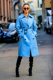 black shoes, blue coat, high boots, high heels, leather coat, leather shoes, sunglasses, trench coat, MILAN, MFW, fashion week, frenchystyle, FW, jonathan paciullo, street style, AUTUMN WINTER 2019-2020, AW 19-20, FALL WINTER 2019-2020, FW 19-20, vertical, full length