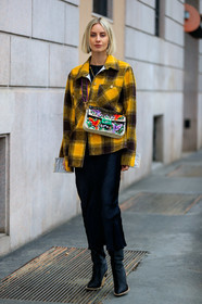 black pants, black shoes, blazer, checked, embroidered bag, fendi, glitter, graphic bag, graphic jacket, high heels, leather bag, leather shoes, plaid, printed bag, printed jacket, sequined bag, shiny bag, trousers, yellow jacket, MILAN, MFW, fashion week, frenchystyle, FW, jonathan paciullo, street style, AUTUMN WINTER 2019-2020, AW 19-20, FALL WINTER 2019-2020, FW 19-20, vertical, full length