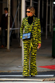 yellow jacket, yellow pants, yellow suits, yellow top, black jacket, black pants, black top, black pullover, black leather bag, turtleneck pullover, striped jacket, striped look, striped pants, striped suits, striped top, printed jacket, printed pants, printed suits, printed top, flare pants, dior bag, 30 montaigne bag, crossbody bag, versace sunglasses, fashion week, frenchystyle, FW, jonathan paciullo, street style, FALL WINTER 2020-2021, AUTUMN WINTER 2020-2021, FW 20-21, vertical, full length, NYFW, NEW YORK