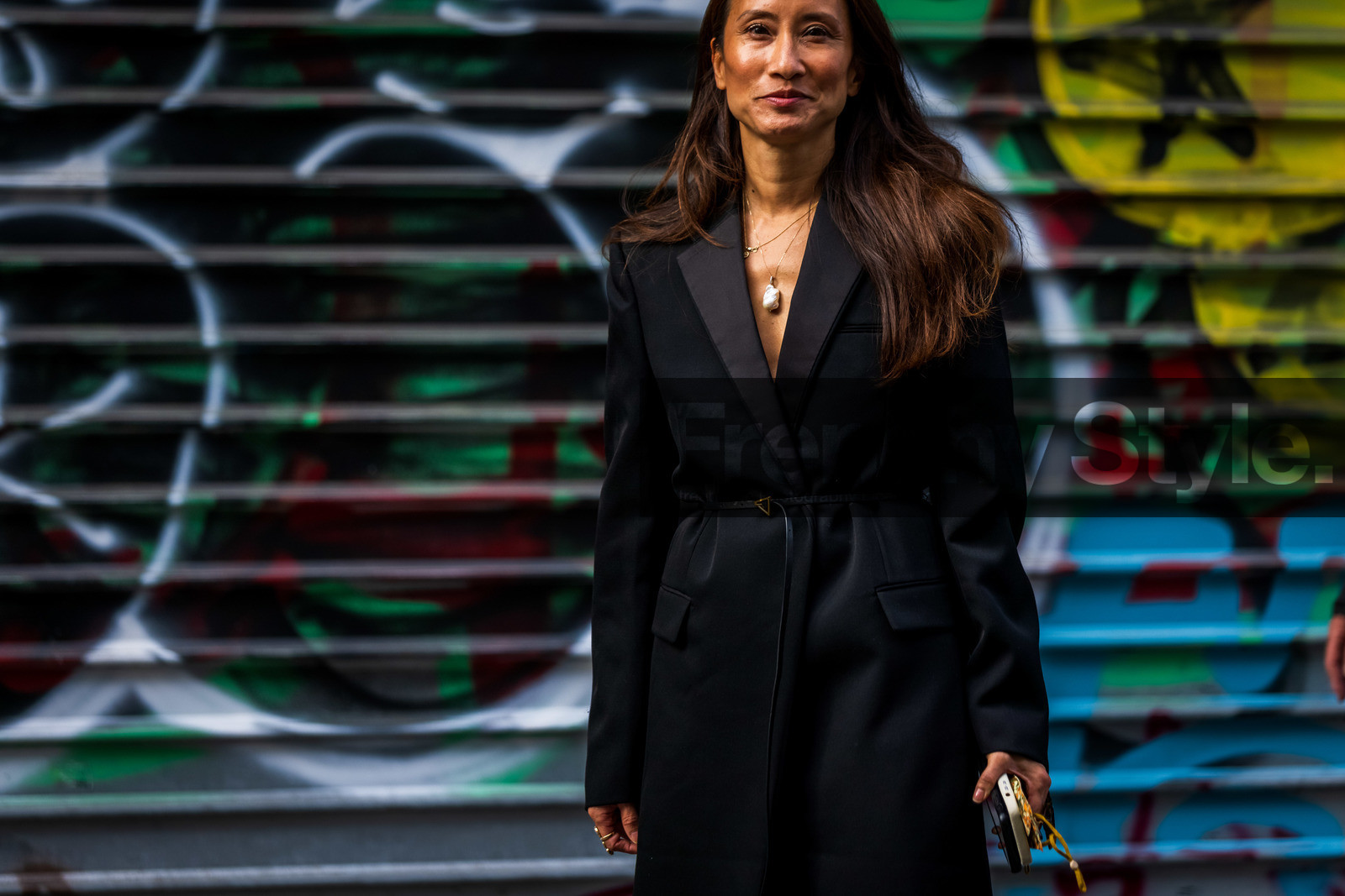 belt, black coat, bottega veneta belt, coat, leather belt, necklace, pearl necklace, street style, jonathan paciullo, FW, frenchystyle, fashion week, PFW, PARIS, SPRING SUMMER 2022, SS 22, horizontal, atmosphere details