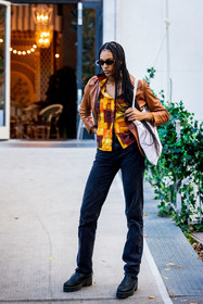 black boots, black denim, black jean, black sunglasses, boots, braid, brown jacket, camel jacket, check, checked shirt, color, denim, jacket, jean, leather boots, leather jacket, print, printed shirt, straigh jean, sunglasses, tote bag, yellow shirt, fashion week, frenchystyle, FW, jonathan paciullo, street style, PFW, PARIS, SPRING SUMMER 2022, SS 22, vertical, full length, model