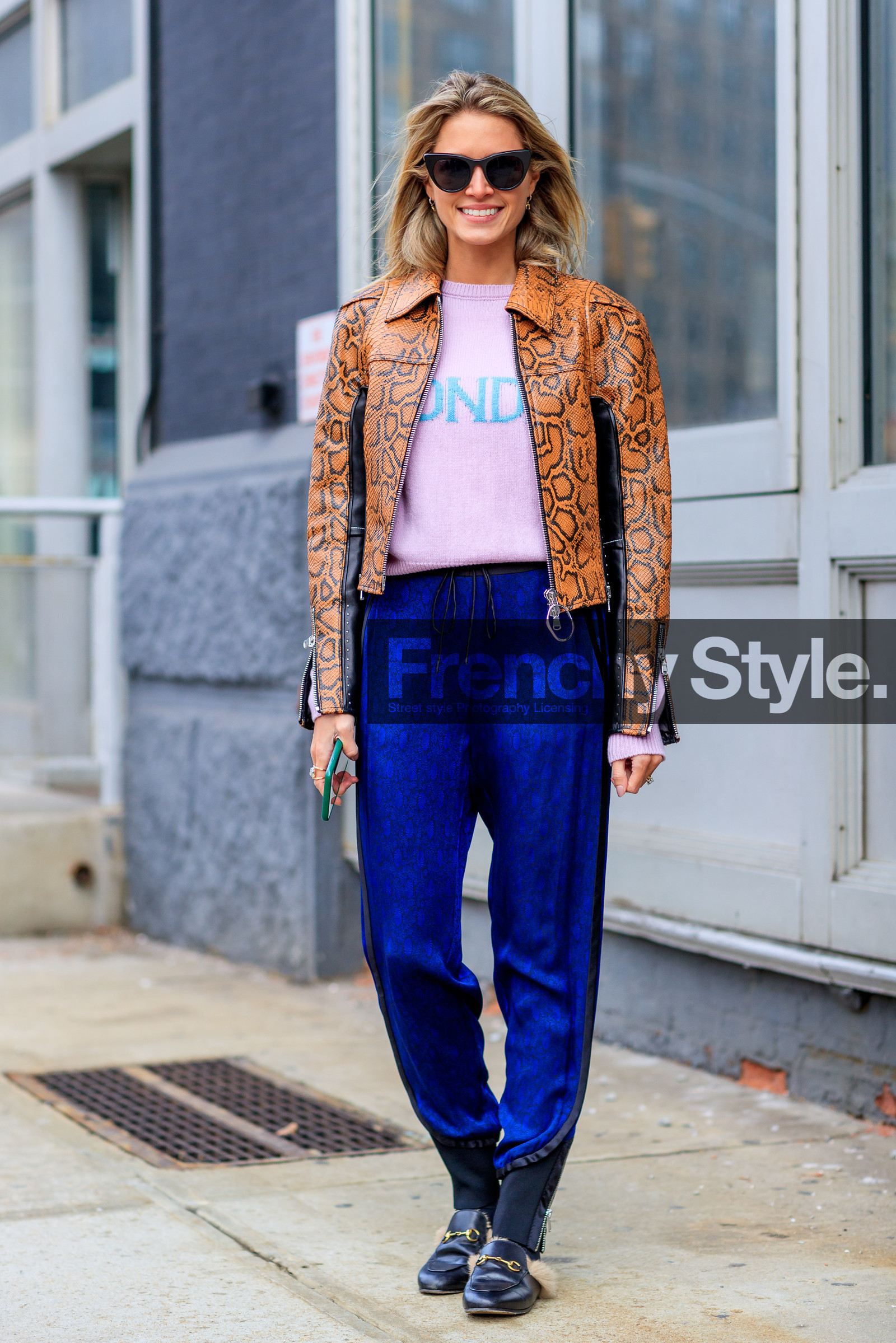 AUTUMN WINTER 2017-2018, AW 17-18, black loafers, black shoes, blue pants, camel jacket, FALL WINTER 2017-2018, fashion week, frenchystyle, full length, FW, FW 17-18, gucci, helena bordon, jonathan paciullo, leather jacket, leather shoes, NEW YORK, NYFW, orange jacket, pink sweater, snake print, street style, sunglasses, sweatpants, trousers, vertical