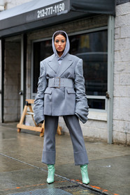 alexandra guerain, light grey jacket, light grey hoodie, light grey pants, light grey suits, light grey belt, belted jacket, light green boots, satin boots, sharp end boots, flare pants, cropped pants, fashion week, frenchystyle, FW, jonathan paciullo, street style, NYFW, NEW YORK, AUTUMN WINTER 2020-2021, FALL WINTER 2020-2021, FW 20-21, vertical, full length