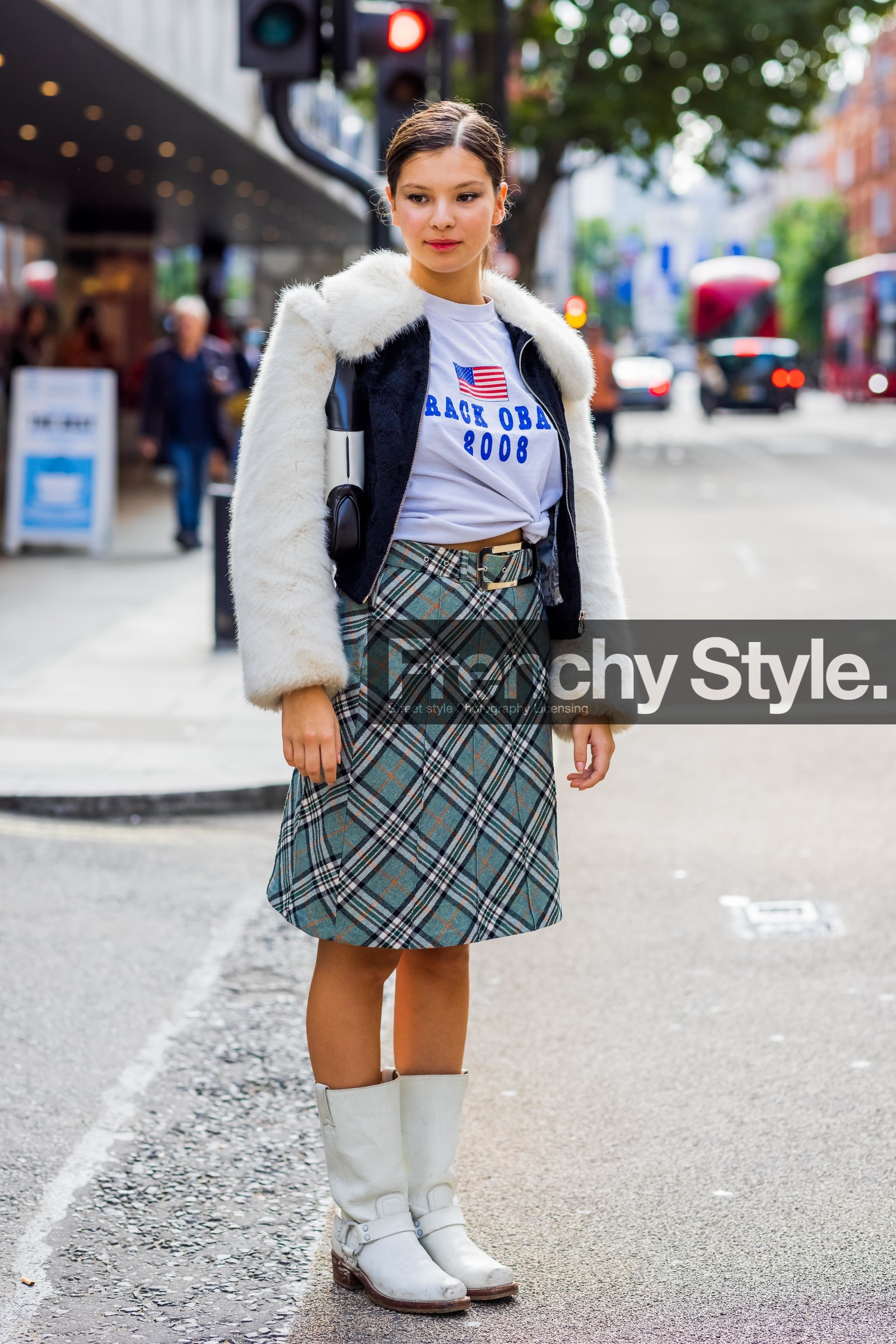 tshirt, white, boots, leather, plaid, midi skirt, skirt, furry, coat, cowboy boots, fashion week, frenchystyle, FW, jonathan paciullo, street style, SS 22, SPRING SUMMER 2022, LFW, LONDON, vertical, full length