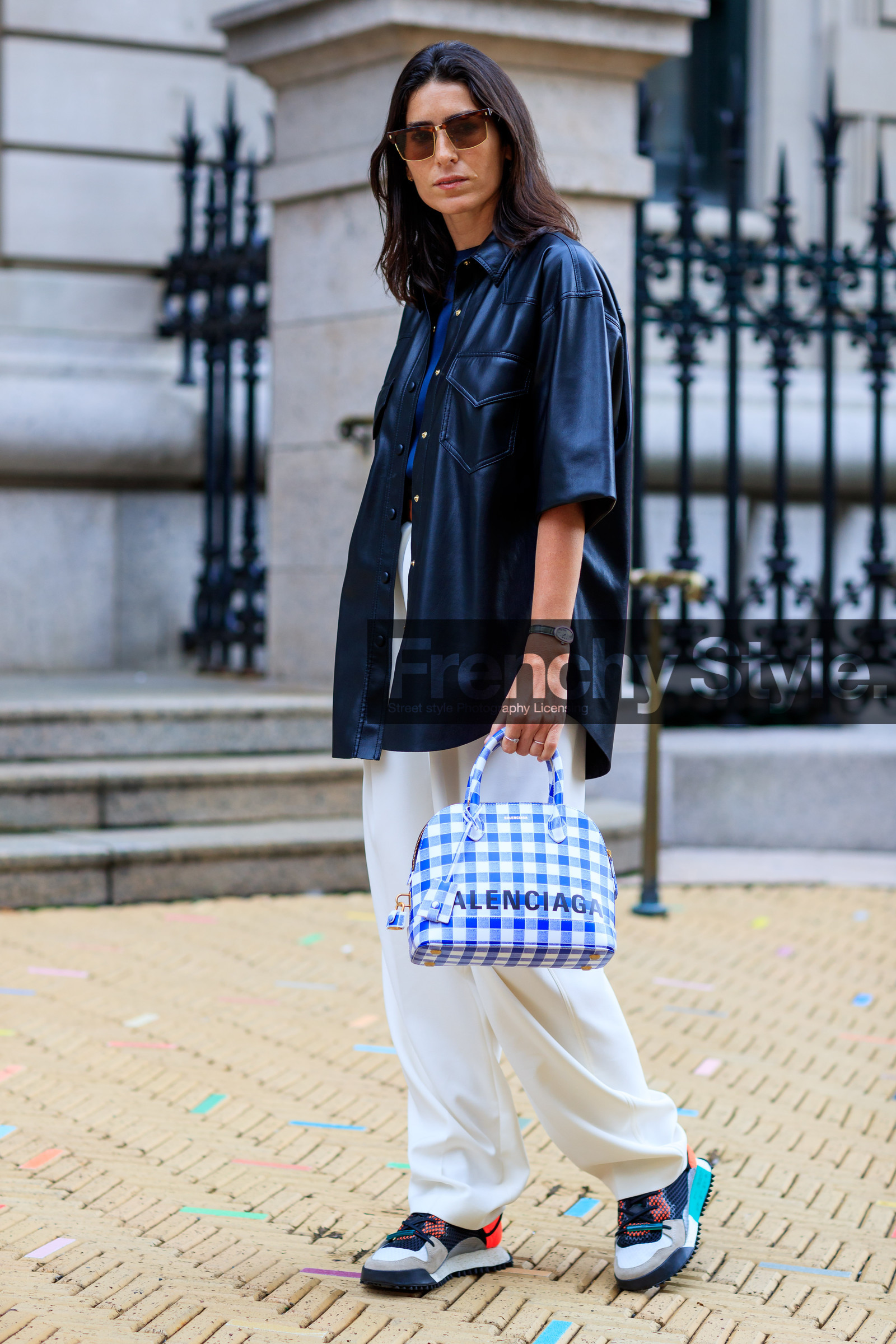 balenciaga, black shirt, blue bag, checked, gingham, graphic bag, grey sneakers, leather bag, leather shirt, leather shoes, plaid, printed bag, sunglasses, trousers, white pants, fashion week, frenchystyle, FW, jonathan paciullo, street style, NYFW, NEW YORK, SPRING SUMMER 2019, SS 19, vertical, full length