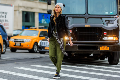 atmosphere details, AUTUMN WINTER 2016-2017, AW 16-17, black fur, black jacket, black scarf, black slippers, embroidered shoes, fashion week, frenchystyle, full length, fur jacket, FW, FW 16-17, golden details, grey beanie, horizontal, jonathan paciullo, kaki jumpsuit, kaki pants, leather jacket, leather slippers, NEW YORK, NYFW, shearling, sleeveless, street style, woman