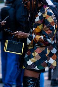 bag, blue jumpsuit, color, hermes bag, jean, jumpsuit, orange scarf, patchwork, printed scarf, scarf, scarf belt, straw bag, Susie Lau, yellow bag, fashion week, frenchystyle, FW, jonathan paciullo, street style, PFW, PARIS, SPRING SUMMER 2022, SS 22, vertical, atmosphere details