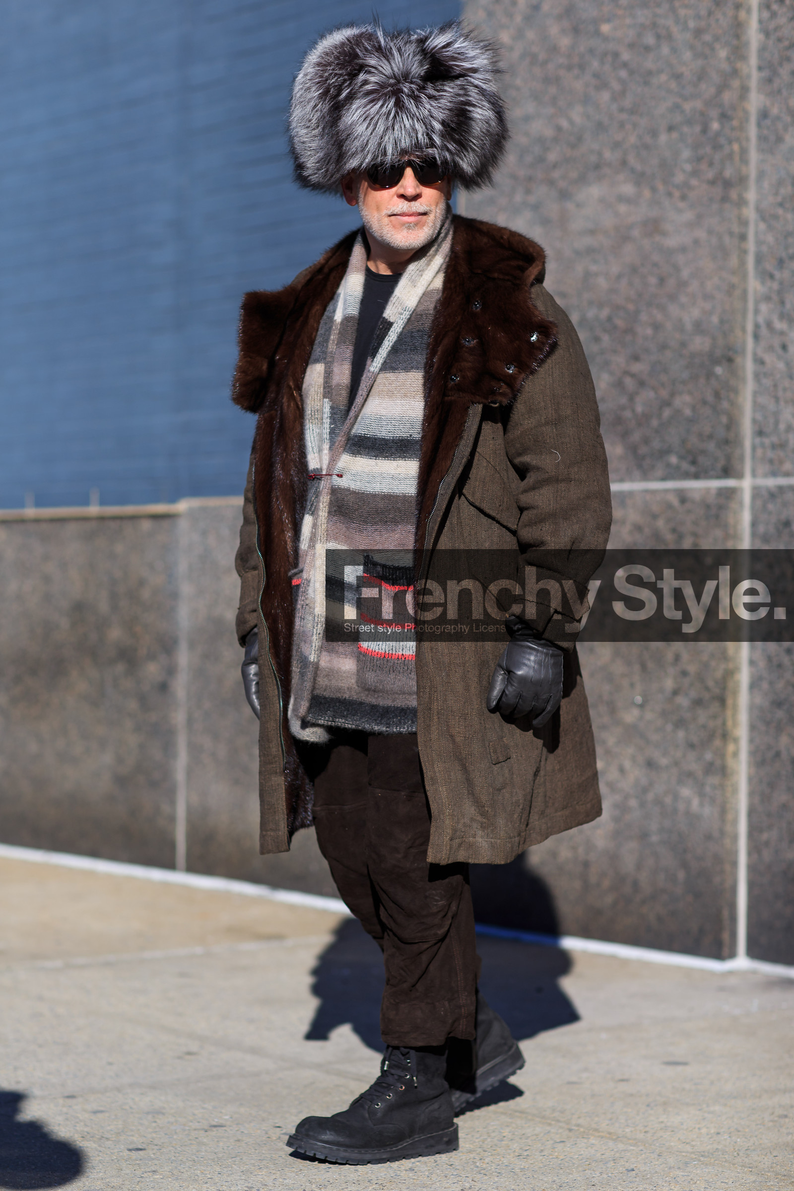 AUTUMN WINTER 2016-2017, AW 16-17, black boots, black gloves, brown coat, brown fur, brown pants, chapka, fashion week, frenchystyle, full length, fur collar, fur hat, FW, FW 16-17, grey fur, grey hat, grey knit, grey sweater, jonathan paciullo, leather boots, leather gloves, leather pants, man, NEW YORK, nick wooster, NYFW, parka, safety pin, street style, striped cardigan, striped sweater, suede pants, sunglasses, vertical