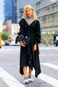 ada kokosar, black and white shoes, black bag, black dress, earrings, fishnet, high heels, leather bag, leather shoes, loewe, fashion week, frenchystyle, FW, jonathan paciullo, street style, NYFW, NEW YORK, SPRING SUMMER 2019, SS 19, vertical, full length