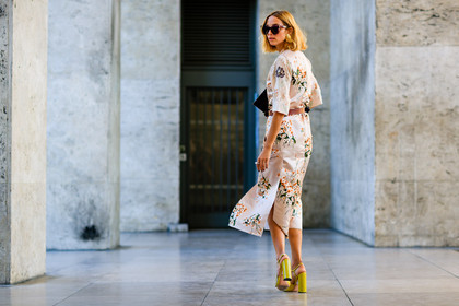 atmosphere details, beige dress, candela novembre, fashion week, floral, flower, frenchystyle, full length, FW, high heels, horizontal, jonathan paciullo, leather bag, leather belt, leather shoes, PARIS, PFW, printed bag, printed dress, red belt, silk dress, SPRING SUMMER 2017, SS 17, street style, sunglasses, yellow sandals