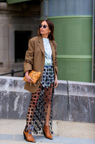 black skirt, blazer, brown jacket, brown shoes, chloe loulou de saison, graphic bag, graphic skirt, high heels, leather bag, leather shoes, paco rabanne, printed bag, printed skirt, pvc, see through, stars, sunglasses, white t shirt, yellow bag, PARIS, PFW, street style, jonathan paciullo, FW, frenchystyle, fashion week, AUTUMN WINTER 2019-2020, AW 19-20, FALL WINTER 2019-2020, FW 19-20, vertical, full length