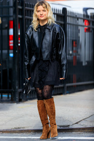 sabina socol, black leather perfecto, black dress, black tights, camel suede boots, high boots, high heels boots, longchamp jacket, oversize perfecto, fashion week, frenchystyle, FW, jonathan paciullo, street style, FALL WINTER 2020-2021, AUTUMN WINTER 2020-2021, FW 20-21, vertical, full length, NYFW, NEW YORK