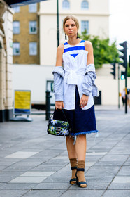 black bag, black sandals, blue denim, bustier top, denim skirt, earrings, fashion week, fendi, floral, flower, frenchystyle, full length, FW, graphic top, grey sweater, high heels, high socks, hoodie, jonathan paciullo, leather bag, leather shoes, LFW, LONDON, off the shoulder, pompons, printed bag, SPRING SUMMER 2017, SS 17, street style, striped top, stripes, vertical, white top, woman