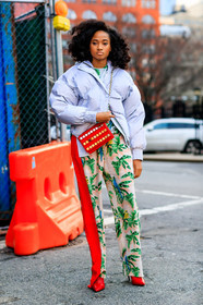 down jacket, floral, graphic bag, graphic pants, green pants, leather bag, printed bag, printed pants, purple jacket, red bag, red shoes, studs, trousers, street style, jonathan paciullo, FW, frenchystyle, fashion week, NYFW, NEW YORK, AUTUMN WINTER 2018-2019, AW 18-19, FALL WINTER 2018-2019, FW 18-19, vertical, full length