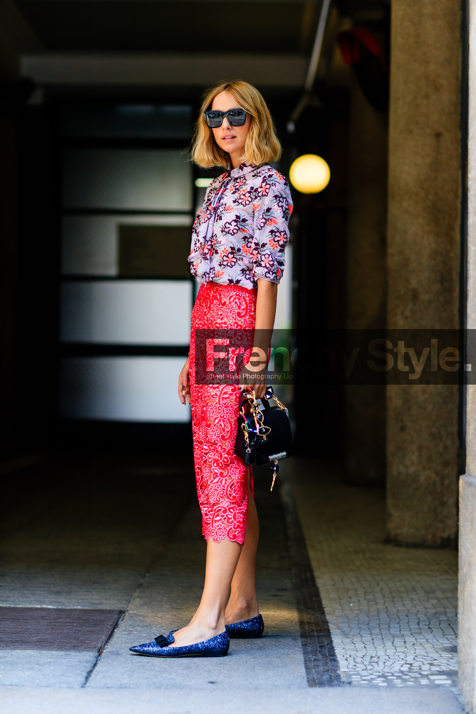 ballerinas, black bag, blue shoes, candela novembre, fashion week, floral, flower, frenchystyle, full length, FW, high waist, jonathan paciullo, lace skirt, leather bag, leather shoes, MFW, MILAN, printed shirt, purple shirt, red skirt, SPRING SUMMER 2017, SS 17, street style, sunglasses, vertical