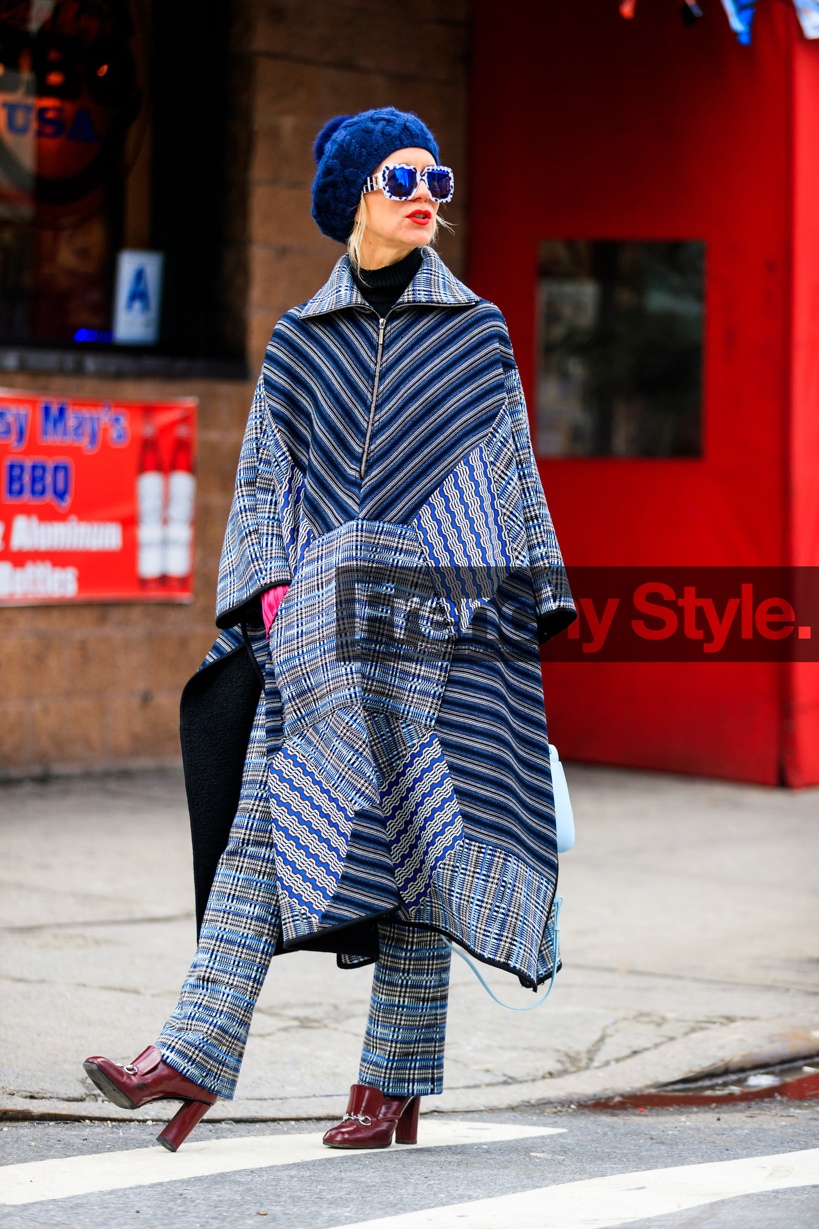 AUTUMN WINTER 2017-2018, AW 17-18, blue beanie, checked pants, FALL WINTER 2017-2018, fashion week, frenchystyle, full length, FW, FW 17-18, graphic coat, grey coat, grey pants, high heels, jonathan paciullo, leather boots, natalie joos, NEW YORK, NYFW, plaid, poncho, printed coat, printed pants, red boots, red lips, street style, striped coat, sunglasses, trousers, vertical