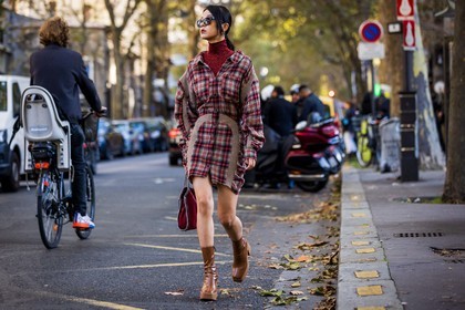 black sunglasses, boots, brown boots, dress, lurex turtleneck, Meng Mao, printed dress, red bag, red dress, red turtleneck, shirt dress, stella mccartney bag, sunglasses, tartan dress, turtleneck, fashion week, frenchystyle, FW, jonathan paciullo, street style, PFW, PARIS, SPRING SUMMER 2022, SS 22, atmosphere details, full length, horizontal
