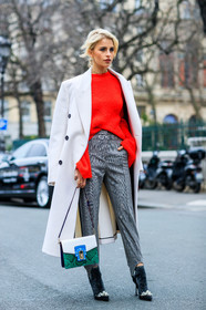 black shoes, checked pants, embroidered bag, embroidered shoes, graphic bag, grey pants, high heels, leather bag, leather shoes, multicolor bag, over the shoulder, overcoat, pearls, red sweater, shiny shoes, shiny socks, snake print, stir pants, trousers, turquoise, white coat, fashion week, frenchystyle, FW, jonathan paciullo, street style, PFW, PARIS, SPRING SUMMER 2017, SS 17, HAUTE COUTURE, vertical, full length, caro daur