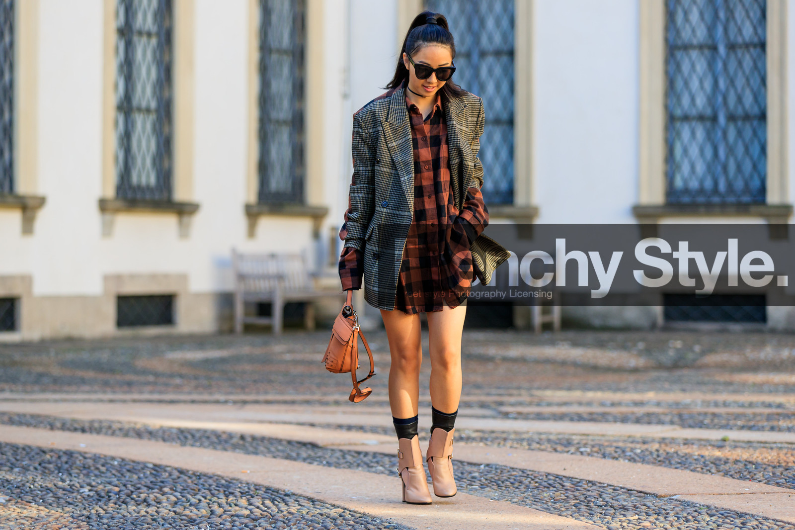 atmosphere details, beige boots, black socks, blazer, brown bag, checked jacket, choker, fashion week, frenchystyle, full length, FW, graphic dress, graphic jacket, graphic shirt, grey jacket, high heels, horizontal, jonathan paciullo, leather bag, leather shoes, MFW, MILAN, necklace, plaid, printed dress, printed jacket, printed shirt, red shirt, SPRING SUMMER 2018, SS 18, street style, sunglasses, tods, yuwei zhangzou, yuyu zhangzou