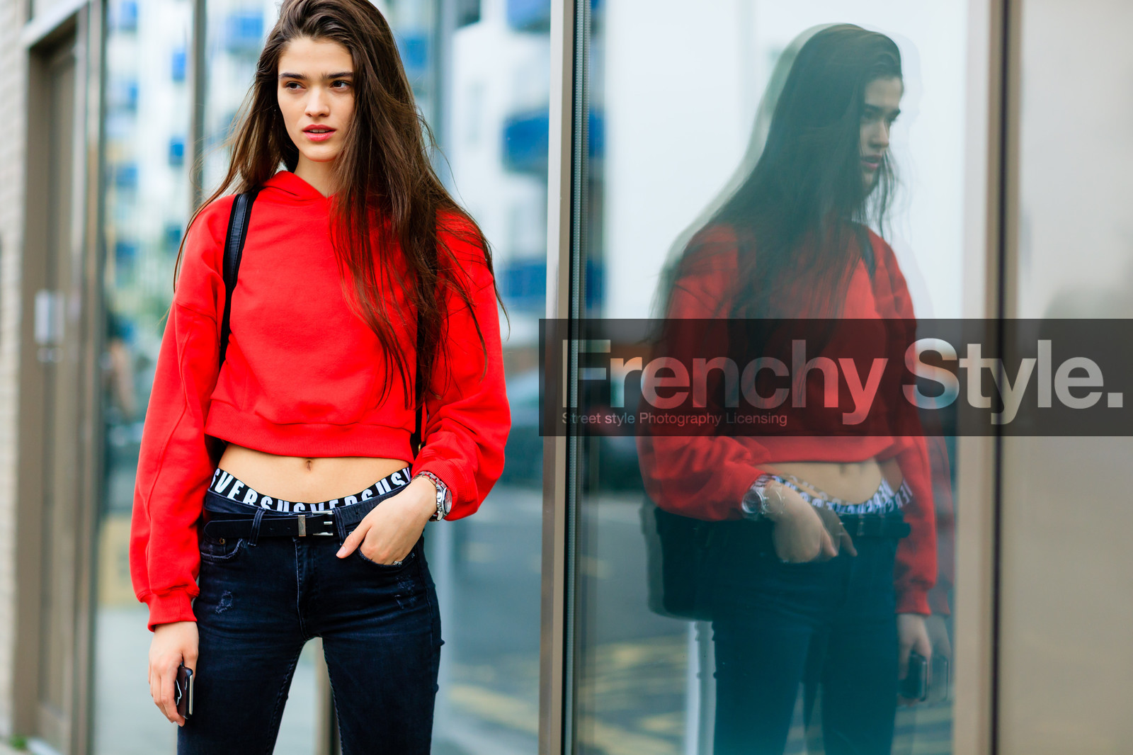 atmosphere details, black bag, black belt, black denim, denim pants, detail, fashion week, frenchystyle, FW, hoodie, horizontal, jeans, jonathan paciullo, leather backpack, leather belt, LFW, LONDON, model, red sweater, SPRING SUMMER 2017, SS 17, street style, trousers, versus, woman