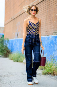 blue denim, bordeaux, burgundy, checked, denim pants, graphic pants, graphic top, jeans, leather bag, leather shoes, plaid, printed pants, printed top, red bag, silk top, sunglasses, trousers, white sneakers, street style, jonathan paciullo, FW, frenchystyle, fashion week, NYFW, NEW YORK, SPRING SUMMER 2019, SS 19, vertical, full length