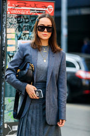 black bag, blazer, grey jacket, grey skirt, grey sweater, leather bag, necklace, pleated skirt, sunglasses, MILAN, MFW, fashion week, frenchystyle, FW, jonathan paciullo, street style, AUTUMN WINTER 2019-2020, AW 19-20, FALL WINTER 2019-2020, FW 19-20, vertical, atmosphere details, detail