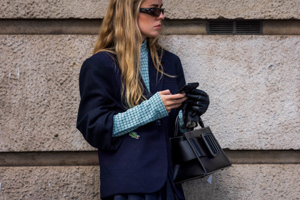 bag, black bag, black sunglasses, checked top, green top, lacoste, leather bag, navy blazer, navy jacket, print, sunglasses, top, turtleneck top, fashion week, frenchystyle, FW, jonathan paciullo, street style, PFW, PARIS, SPRING SUMMER 2022, SS 22, horizontal, atmosphere details