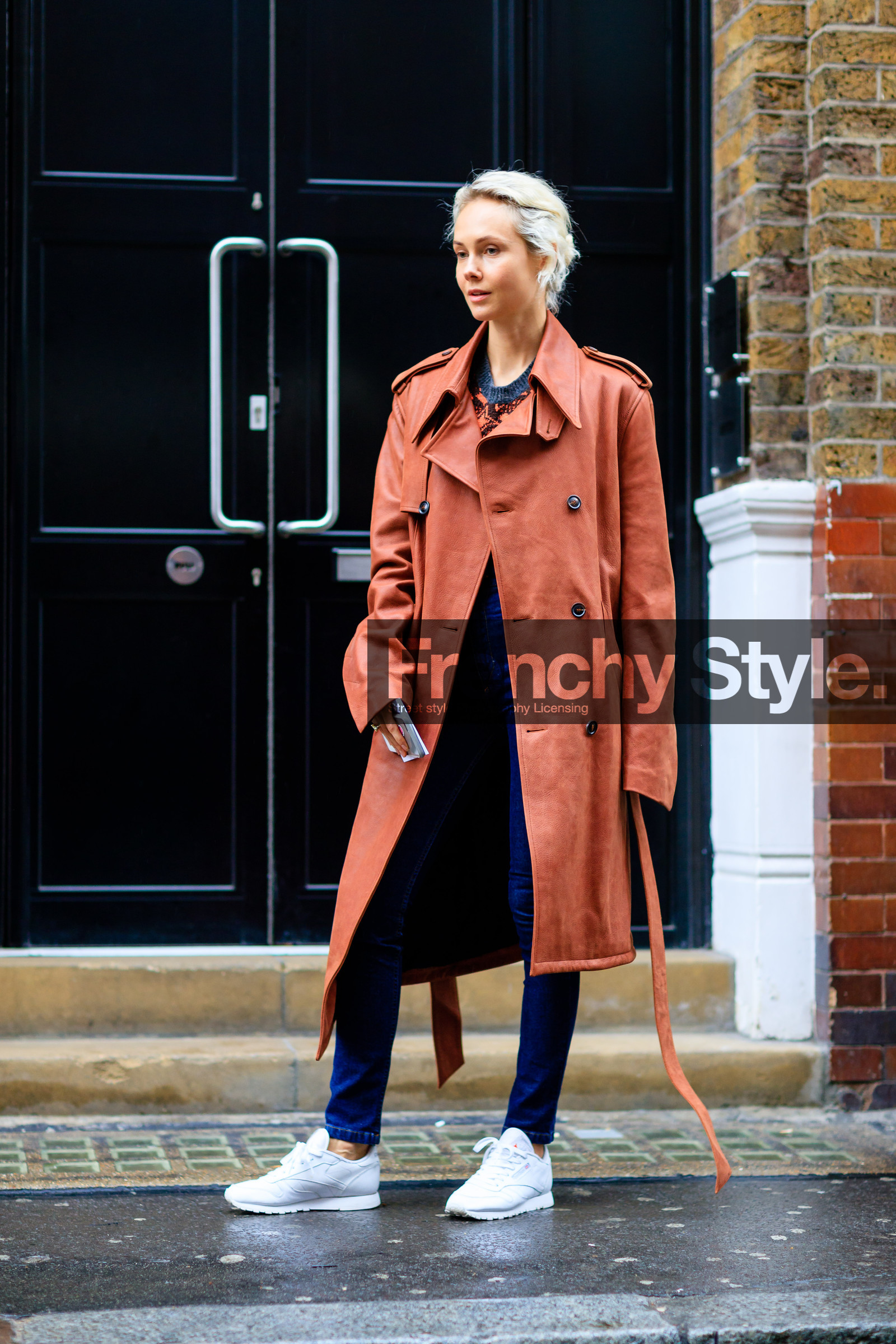 blue denim, denim pants, fashion week, frenchystyle, full length, FW, jeans, jonathan paciullo, leather sneakers, LFW, LONDON, olga karput, reebok, SPRING SUMMER 2017, SS 17, street style, trench coat, trousers, vertical, white sneakers, woman