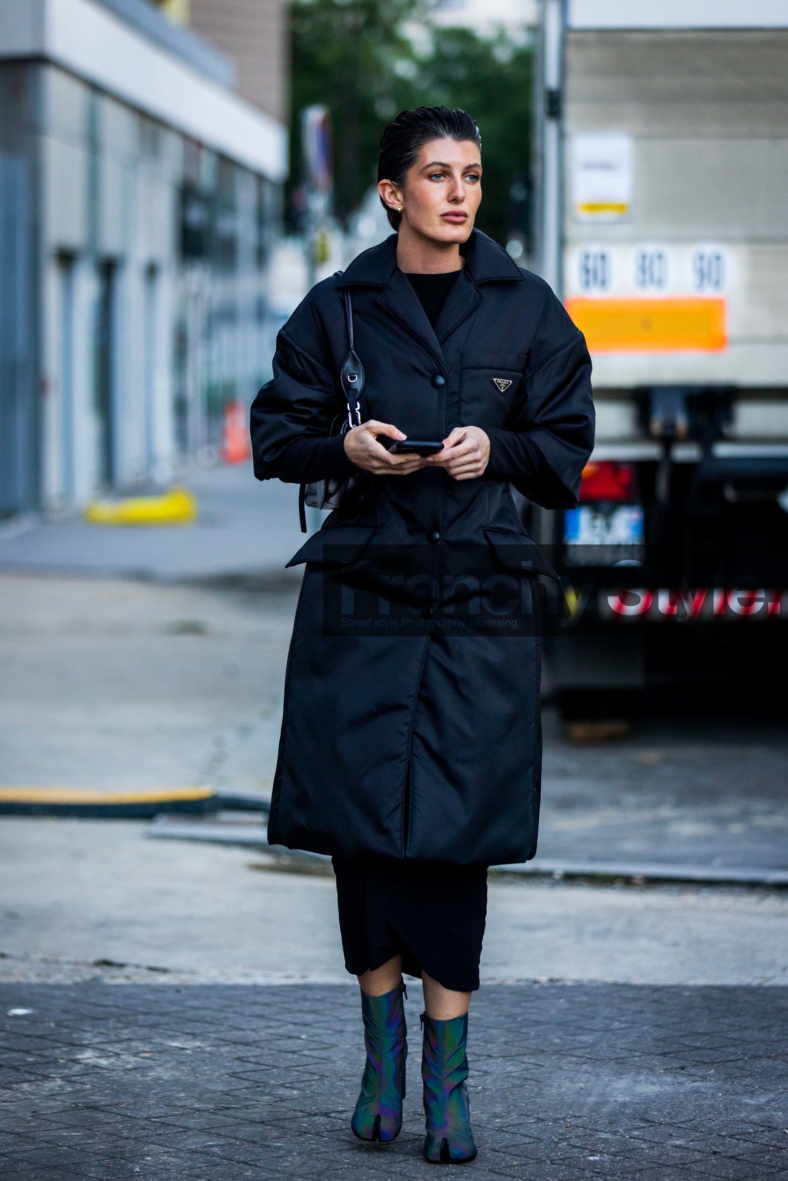 black bag, black coat, black dress, black monochrome, boots, coat, Elisa Paulette Vicente, margiela boots, prada look, street style, jonathan paciullo, FW, frenchystyle, fashion week, PFW, PARIS, SPRING SUMMER 2022, SS 22, vertical, full length
