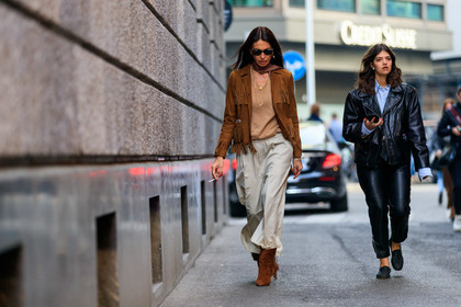 beige pants, beige sweater, black jacket, black pants, black perfecto, brown boots, brown jacket, fringes, leather jacket, leather pants, leather perfecto, leather shoes, necklace, suede jacket, sunglasses, trousers, MILAN, MFW, fashion week, frenchystyle, FW, jonathan paciullo, street style, AUTUMN WINTER 2019-2020, AW 19-20, FALL WINTER 2019-2020, FW 19-20, atmosphere details, full length, horizontal