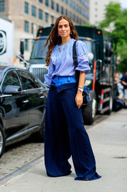 black bag, blue bag, blue pants, blue shirt, bracelet, erika boldrin, layers, leather bag, necklace, striped shirt, trousers, watch, wide pants, street style, jonathan paciullo, FW, frenchystyle, fashion week, NYFW, NEW YORK, SPRING SUMMER 2019, SS 19, vertical, full length