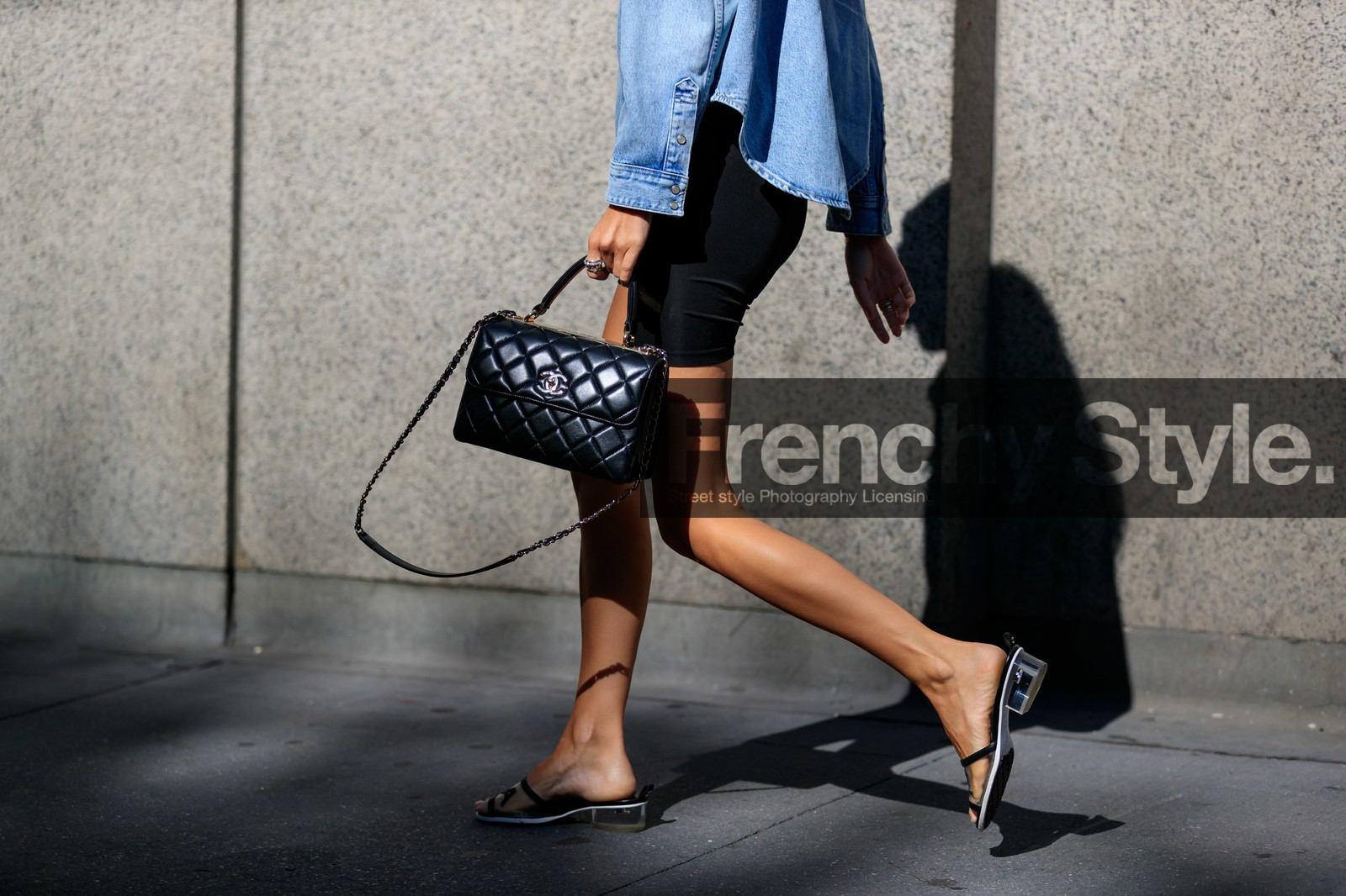black bag, black shoes, black shorts, blue denim, chanel, chanel handbag, denim shirt, graphic shoes, leather bag, leather shoes, printed shoes, transparent shoes, fashion week, frenchystyle, FW, jonathan paciullo, street style, NEW YORK, NYFW, SPRING SUMMER 2020, SS 20, horizontal, atmosphere details, detail