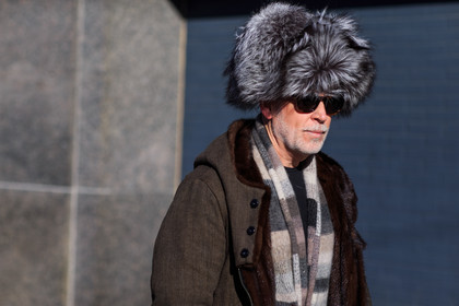 atmosphere details, AUTUMN WINTER 2016-2017, AW 16-17, brown coat, brown fur, brown pants, chapka, detail, fashion week, frenchystyle, fur collar, fur hat, FW, FW 16-17, grey fur, grey hat, grey knit, grey sweater, horizontal, jonathan paciullo, man, NEW YORK, nick wooster, NYFW, parka, safety pin, street style, striped cardigan, striped sweater, suede pants, sunglasses