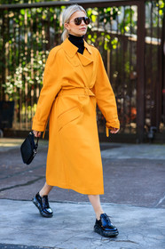 black bag, black shoes, black turtleneck, caro daur, earrings, leather bag, leather shoes, prada, sunglasses, trench coat, yellow coat, MILAN, MFW, fashion week, frenchystyle, FW, jonathan paciullo, street style, AUTUMN WINTER 2019-2020, AW 19-20, FALL WINTER 2019-2020, FW 19-20, vertical, full length