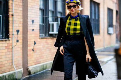 black coat, black pants, caro daur, checked, earrings, graphic sweater, high waist, over the shoulder, plaid, printed hat, printed sweater, sunglasses, tartan, trousers, yellow hat, yellow sweater, street style, jonathan paciullo, FW, frenchystyle, fashion week, NYFW, NEW YORK, SPRING SUMMER 2019, SS 19, atmosphere details, horizontal, detail