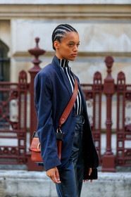 model, navy blue jacket, black leather pants, cropped pants, striped top, black top, white top, turtleneck top, crossbody bag, brown leather bag, chloe bag, hair details, plaited hair, high waist pants, fashion week, frenchystyle, FW, jonathan paciullo, street style, vertical, detail, atmosphere details