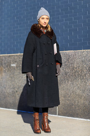 AUTUMN WINTER 2016-2017, AW 16-17, black coat, brooch, brown boots, brown fur, brown gloves, camel boots, fashion week, frenchystyle, full length, fur collar, FW, FW 16-17, grey beanie, high boots, high heels, jenny walton, jonathan paciullo, lace up shoes, leather boots, NEW YORK, NYFW, street style, vertical, woman