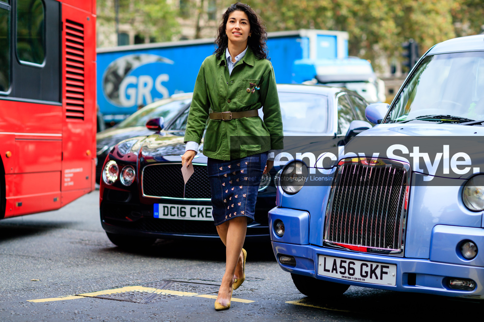 atmosphere details, blue denim, caroline issa, denim skirt, embroidered skirt, fashion week, frenchystyle, full length, FW, green belt, green jacket, horizontal, jonathan paciullo, leather belt, leather shoes, LFW, LONDON, pins, SPRING SUMMER 2017, SS 17, street style, woman, yellow sandals