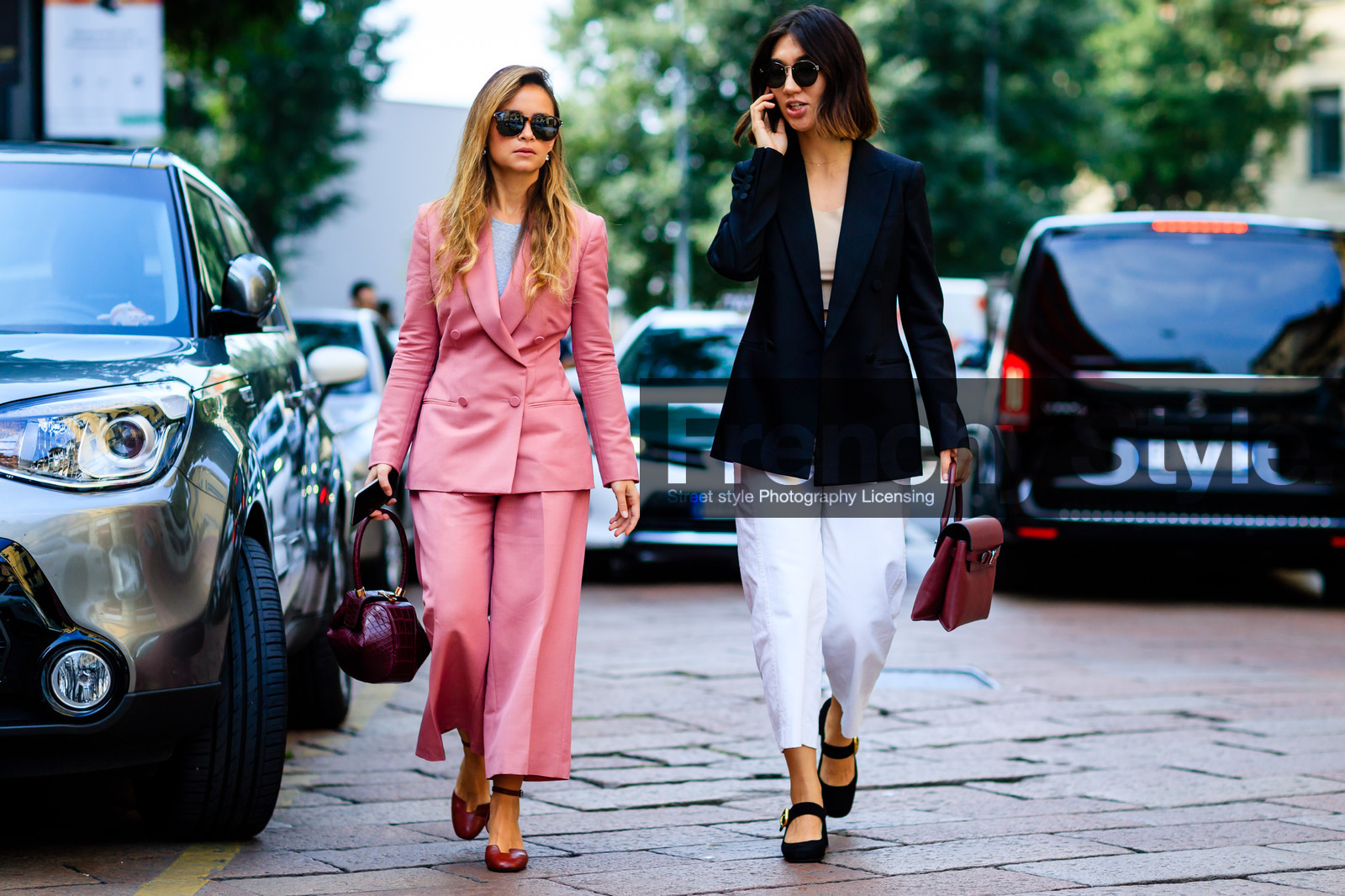 atmosphere details, black jacket, blazer, bordeaux, burgundy, fashion week, frenchystyle, full length, FW, high heels, horizontal, jonathan paciullo, leather bag, leather shoes, MFW, MILAN, mira duma, miroslava duma, pink jacket, pink pants, pink suit, red bag, red shoes, SPRING SUMMER 2017, SS 17, street style, sunglasses, trousers, white pants