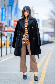 AUTUMN WINTER 2016-2017, AW 16-17, beige, black, black jacket, black mules, brown, camel, chocker, fashion week, frenchystyle, full length, FW, FW 16-17, graphic pants, graphic shirt, high heels, jonathan paciullo, margaret, NEW YORK, NYFW, orange, orange top, printed pants, street style, sunglasses, trousers, velvet, vertical, woman, zhang