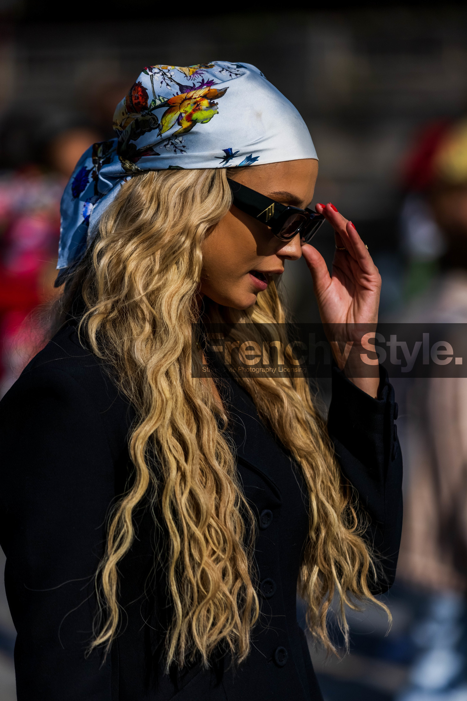 black blazer, black sunglasses, blue scarf, floral print, printed scarf, scarf, scarf hairstyle, sunglasses, street style, jonathan paciullo, FW, frenchystyle, fashion week, PFW, PARIS, SPRING SUMMER 2022, SS 22, vertical, atmosphere details