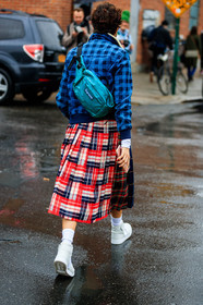 blue bag, blue jacket, blue skirt, checked, checked jacket, fanny pack, fur collar, graphic jacket, graphic skirt, leather bag, leather shoes, plaid, pleated skirt, printed jacket, printed skirt, red skirt, supreme, tartan, white sneakers, white socks, street style, jonathan paciullo, FW, frenchystyle, fashion week, NYFW, NEW YORK, AUTUMN WINTER 2018-2019, AW 18-19, FALL WINTER 2018-2019, FW 18-19, vertical, full length