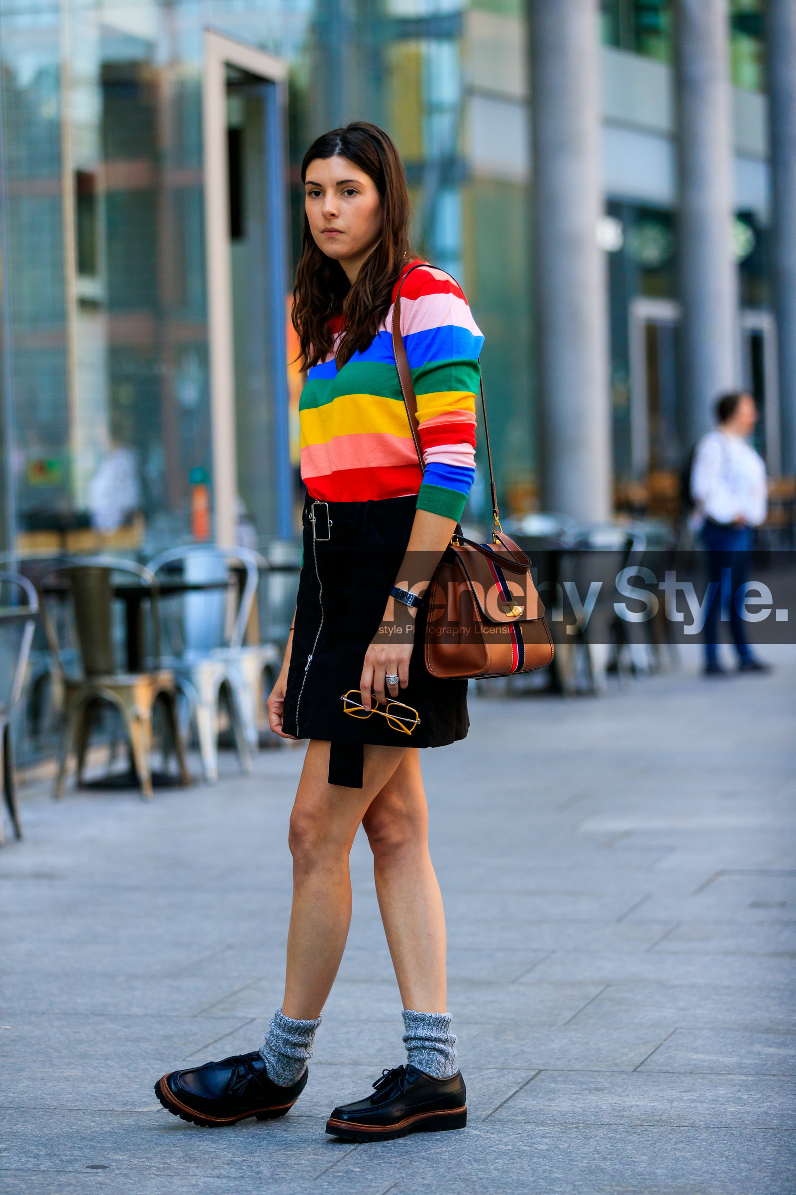 multicolor pull over, black skirt, yellow sunglasses, brown leather bag, shoulder bag, striped leather bag, hermes watch, strassed ring, diamond ring, zipped skirt, mottled grey socks, wool socks, paraboot shoes, black leather shoes, flat shoes, laced shoes, fashion week, frenchystyle, FW, jonathan paciullo, street style, vertical, full length