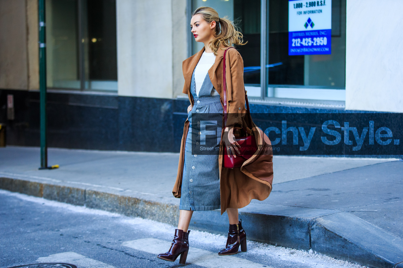 atmosphere details, AUTUMN WINTER 2016-2017, AW 16-17, blue, blue denim, bordeaux, brown, brown coat, camel, camel coat, denim dress, denim overall, fashion week, frenchystyle, full length, FW, FW 16-17, horizontal, jonathan paciullo, leather bag, leather boots, NEW YORK, NYFW, red bag, red boots, street style, striped dress, striped overall, trench coat, white sweater, woman