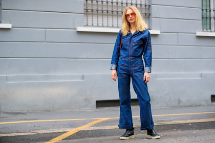 atmosphere details, AUTUMN WINTER 2017-2018, AW 17-18, black shoes, blue denim, denim jumpsuit, denim pants, FALL WINTER 2017-2018, fashion week, Frederikke Sofie Falbe-Hansen, frenchystyle, full length, fun sunglasses, FW, FW 17-18, horizontal, jeans, jonathan paciullo, leather shoes, MFW, MILAN, model, street style, sunglasses, trousers