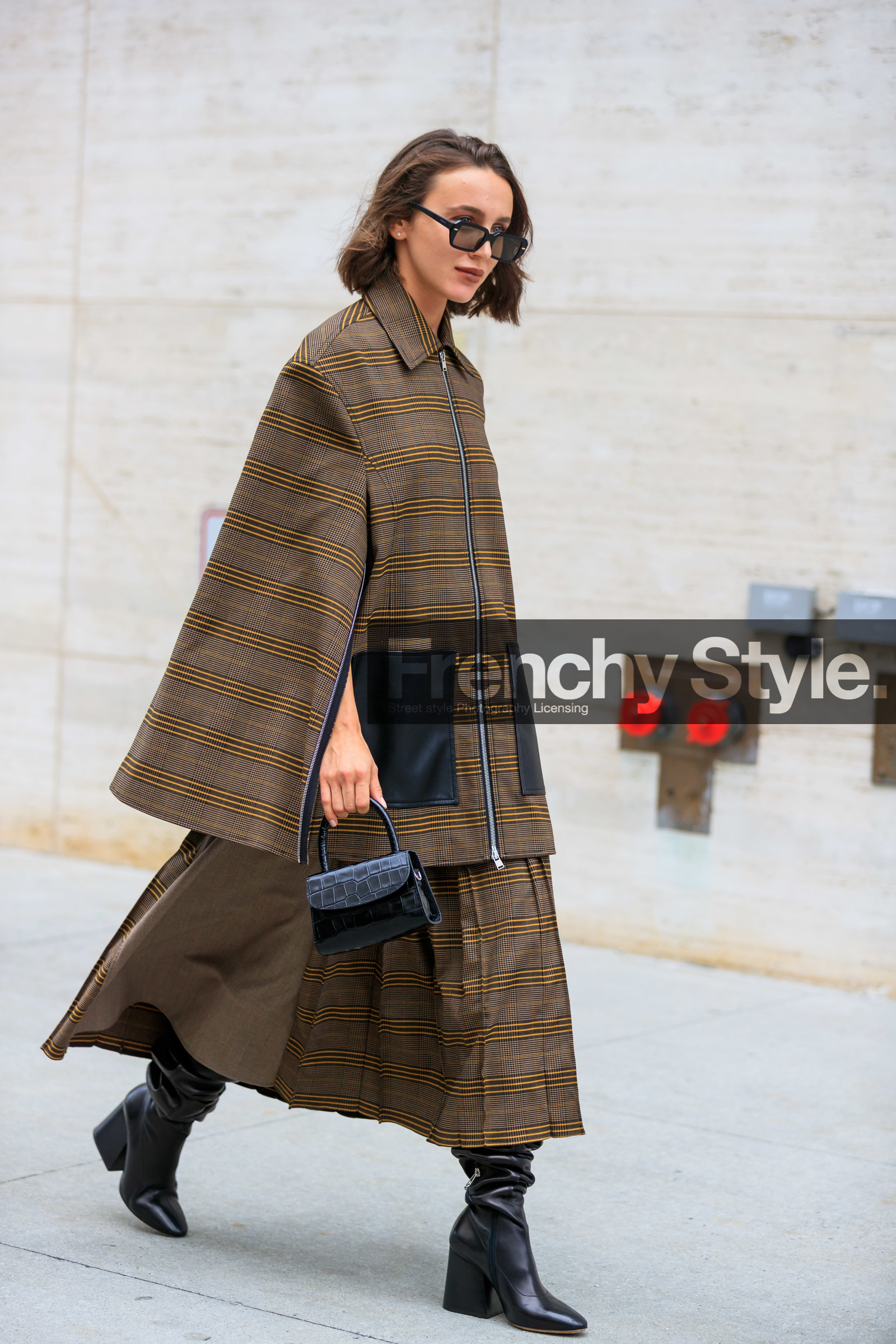 black bag, black shoes, brown jacket, brown skirt, checked, graphic jacket, high heels, leather bag, leather shoes, mary leest, plaid, printed jacket, sunglasses, tartan, street style, jonathan paciullo, FW, frenchystyle, fashion week, NEW YORK, NYFW, SPRING SUMMER 2020, SS 20, vertical, full length