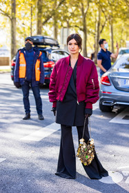Angela Rozas Saiz, bag, black blazer, black pants, black suits, blazer, bomber, burgundy bomber, flare pants, gold bag, paco rabanne bag, pants, sequin, strawberry bomber, fashion week, frenchystyle, FW, jonathan paciullo, street style, PFW, PARIS, SPRING SUMMER 2022, SS 22, vertical, full length