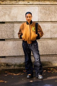 badge, black pants, bomber, brown bomber, brown jacket, Chili Dia, jacket, lacoste look, large pants, pants, lacoste, fashion week, frenchystyle, FW, jonathan paciullo, street style, PFW, PARIS, SPRING SUMMER 2022, SS 22, vertical, full length